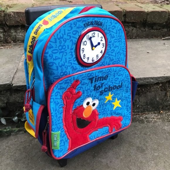 Sesame Street Elmo Kids Rolling Backpack Luggage Bag Blue School Clock Back Pack - Picture 1 of 13